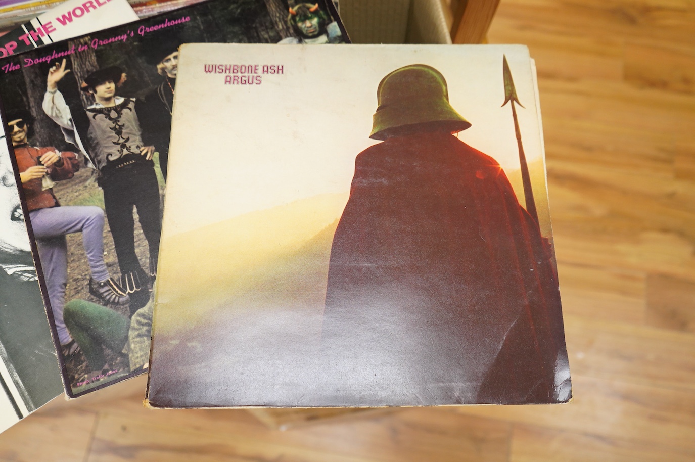 Forty-five 1970s LP record albums, artists include; wishbone Ash; Argus, Bonzo Dog Band, Deaf School, Alice Cooper, Ry Cooder, Elton John, Richard Thompson, Lou Reed, Roxy Music, Thin Lizzy, Captain Behar, Procol Harum,